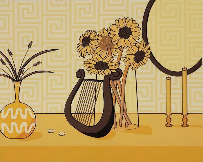 A print of sunflowers in a vase with a lute and mirror nearby.